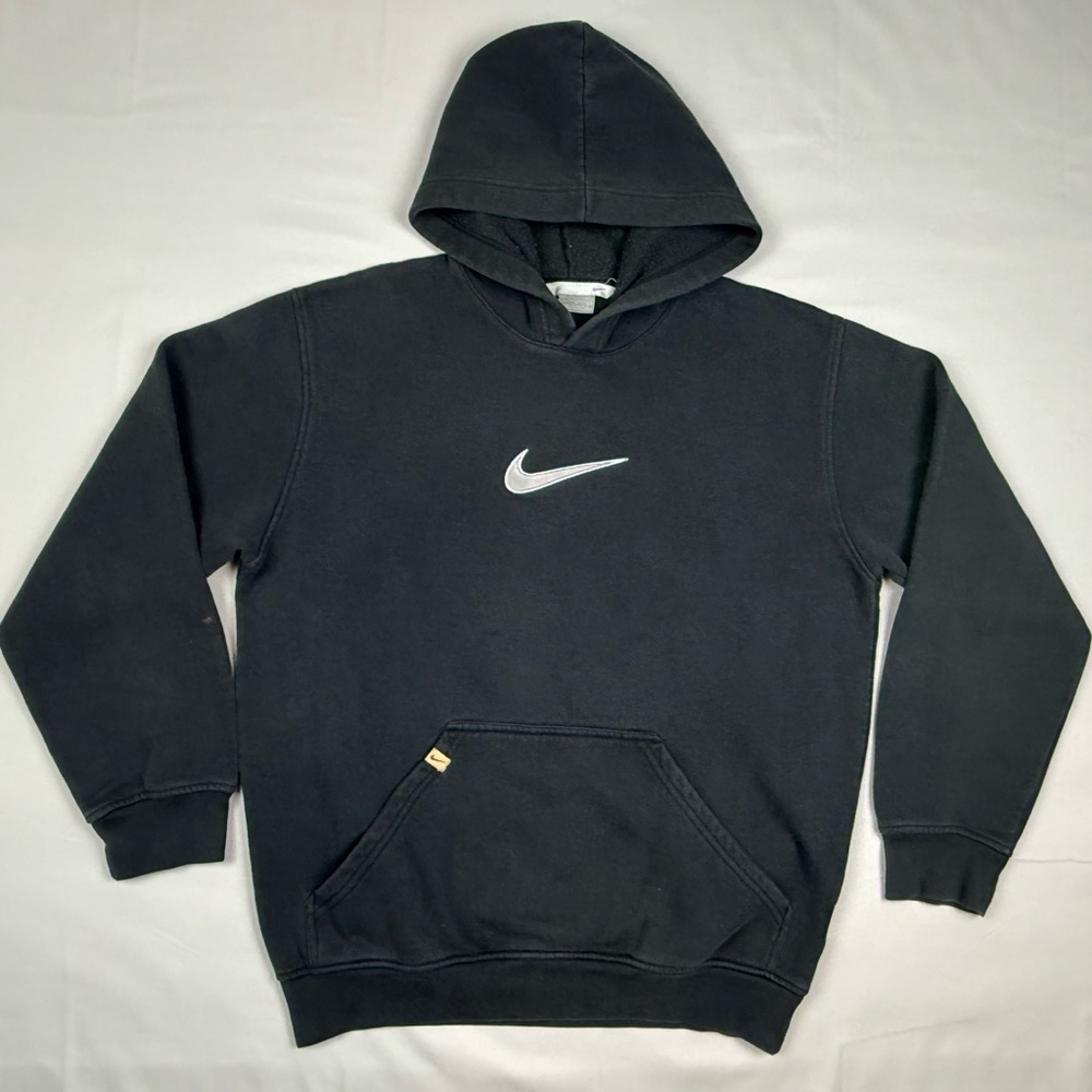 Vtg Nike Mens Hoodie Sweatshirt Sz Medium Y2K Black Center Swoosh B7